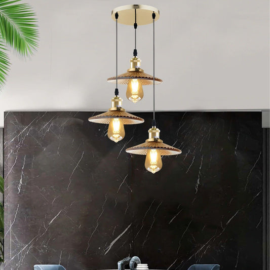 Vintage industriële retro lamp van amberkleurig glas met 3-weg plafondlampkap en hanglamp~5759