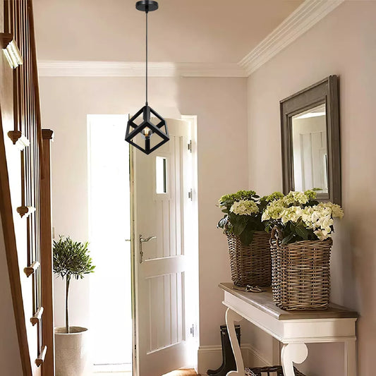 Lámpara colgante moderna negra con marco de metal cuadrado industrial, estilo jaula, 1987