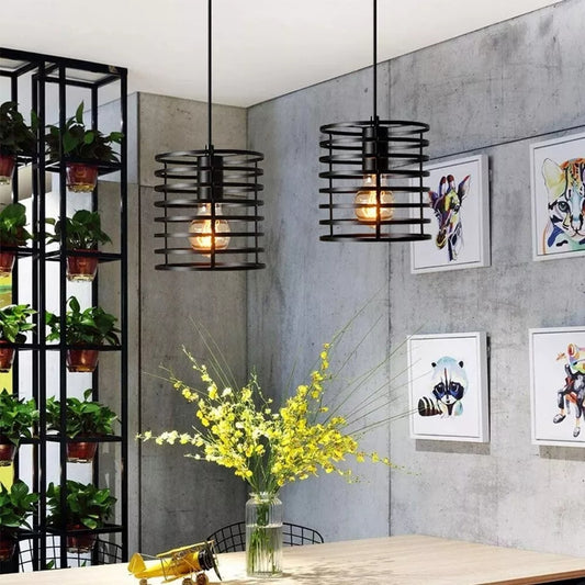 Lámpara colgante de techo con jaula de alambre y protector de bombilla de metal negro industrial ~6018