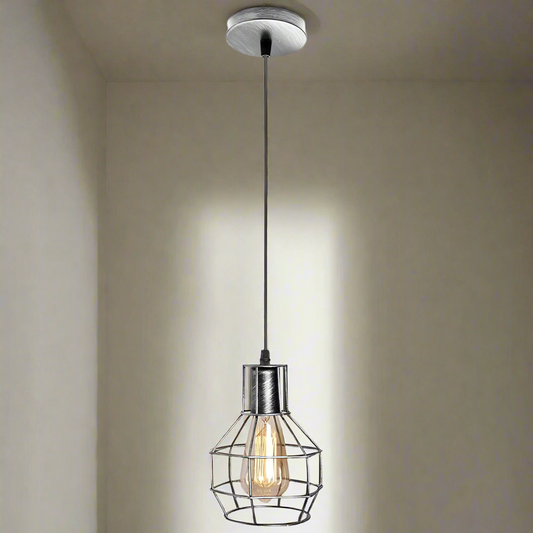 Black industrial wire cage pendant light