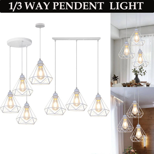 Lámpara colgante de techo con jaula de diamante blanco industrial retro, iluminación interior ~1182