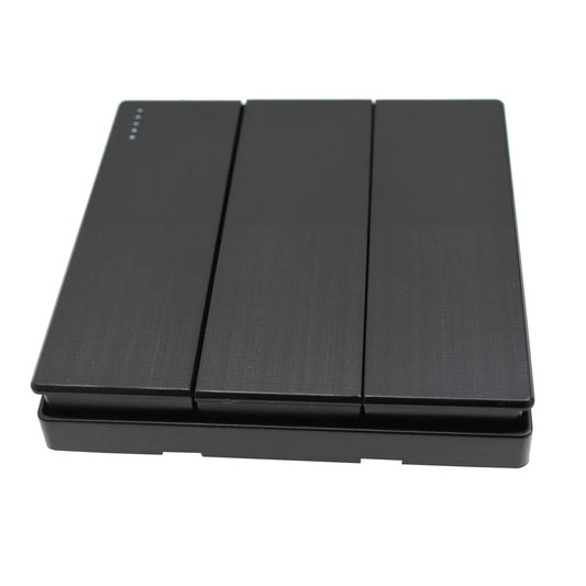 A black, screwless 1/2/3 gang wall switch with a smooth finish suitable for UK standard light switch sockets.