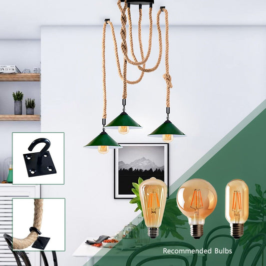Industrial vintage Retro 3 Head Hemp Spider Chandelier Cone Green colour shade E27 Uk Holder~3711 - LEDSone UK Ltd