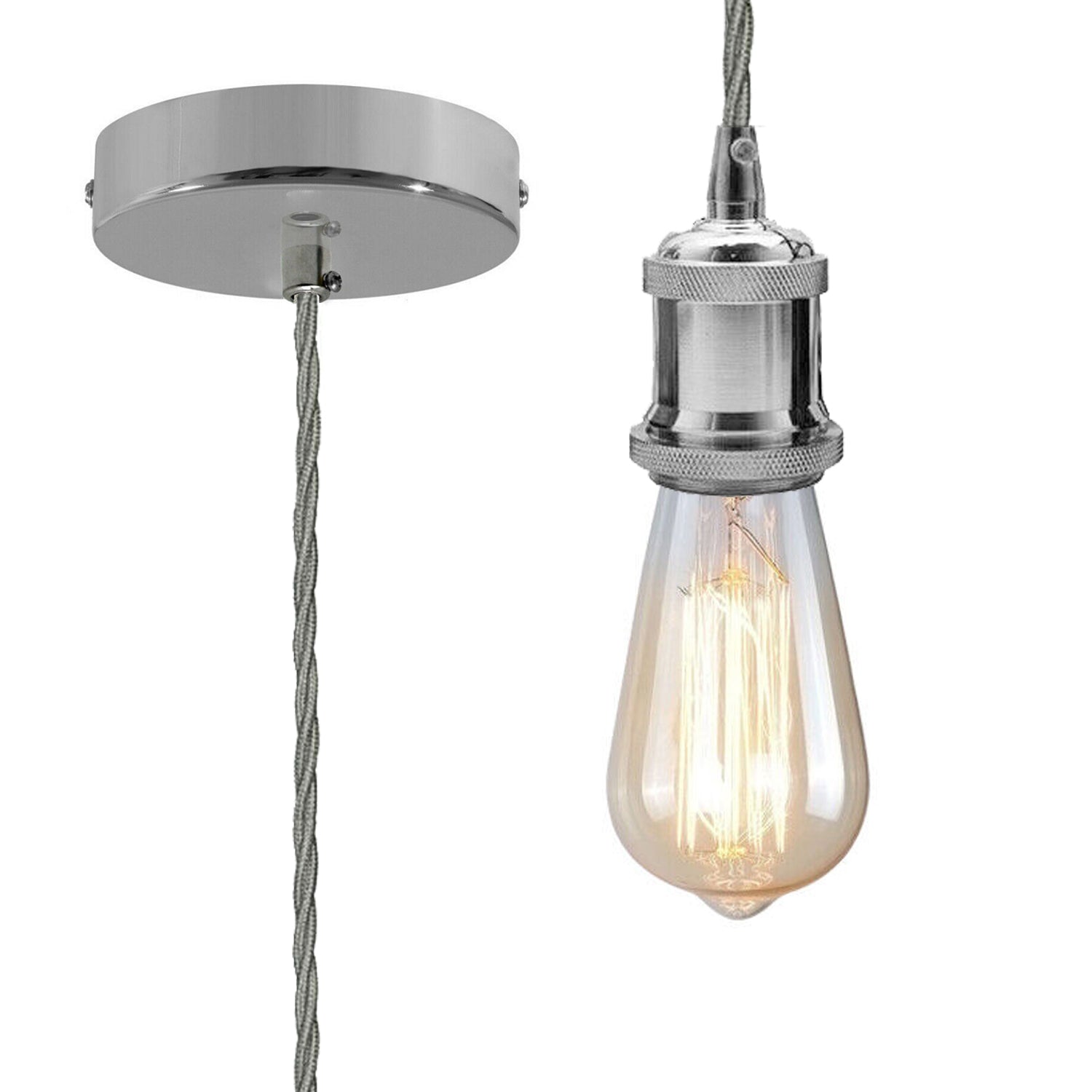Chrome Vintage Metal Ceiling Light Fitting Grey Twisted Braided Flex 2m E27 Lamp Holder Suspended Pendant Light Fitting Kit for Indoor Lightings