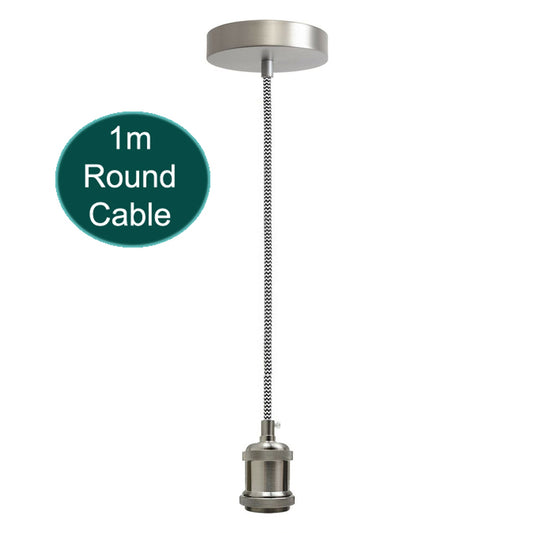 1m Black & White Round Cable With Satin Nickel Pendant Holder~1696 - LEDSone UK Ltd