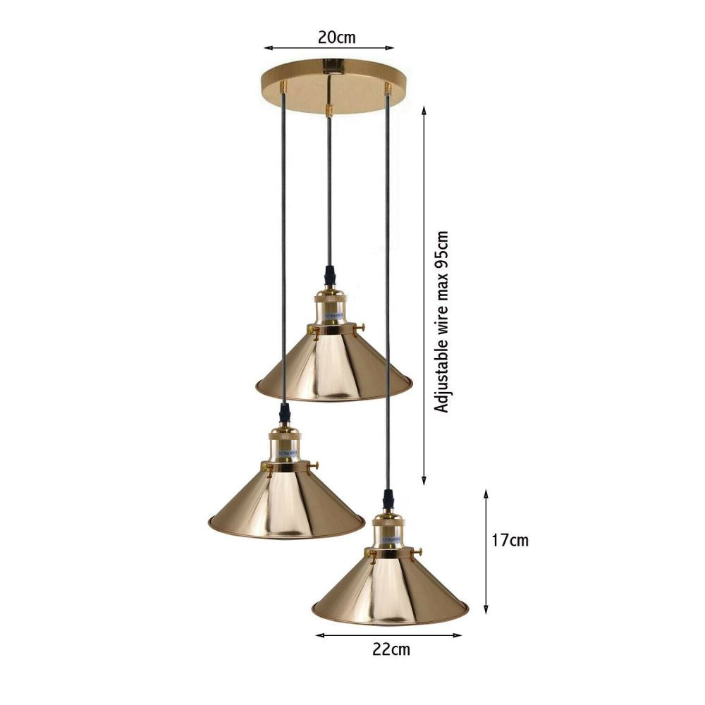 French Gold 3 Head Vintage Industrial Retro Loft Style Metal Ceiling Lampshade~1607 - LEDSone UK Ltd