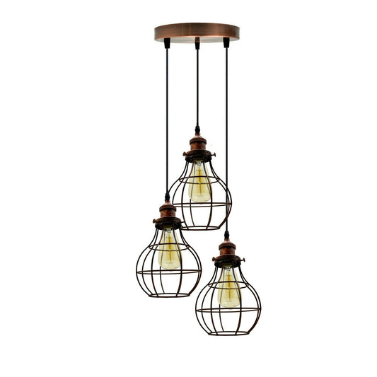 3 Way Ceiling Light - Rustic Red Wire Cage Pendant
