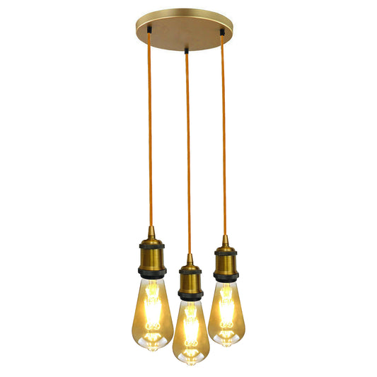 Yellow brass 3 Head Pendant Braided Fabric Flex Lamp Holder Fitting~1284 - LEDSone UK Ltd