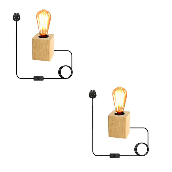 Houten voetlamp Plug-in tafellamp ~4557 – Vierkant / Met lamp / 2-pack