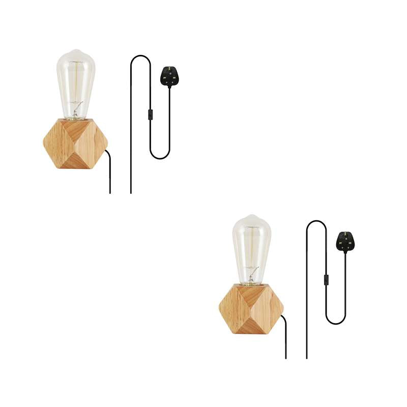 Solid Wood Table Lamp Base E27 220V Wooden 3 Pin Plug In Light with ON/OFF Switch-2 Pack