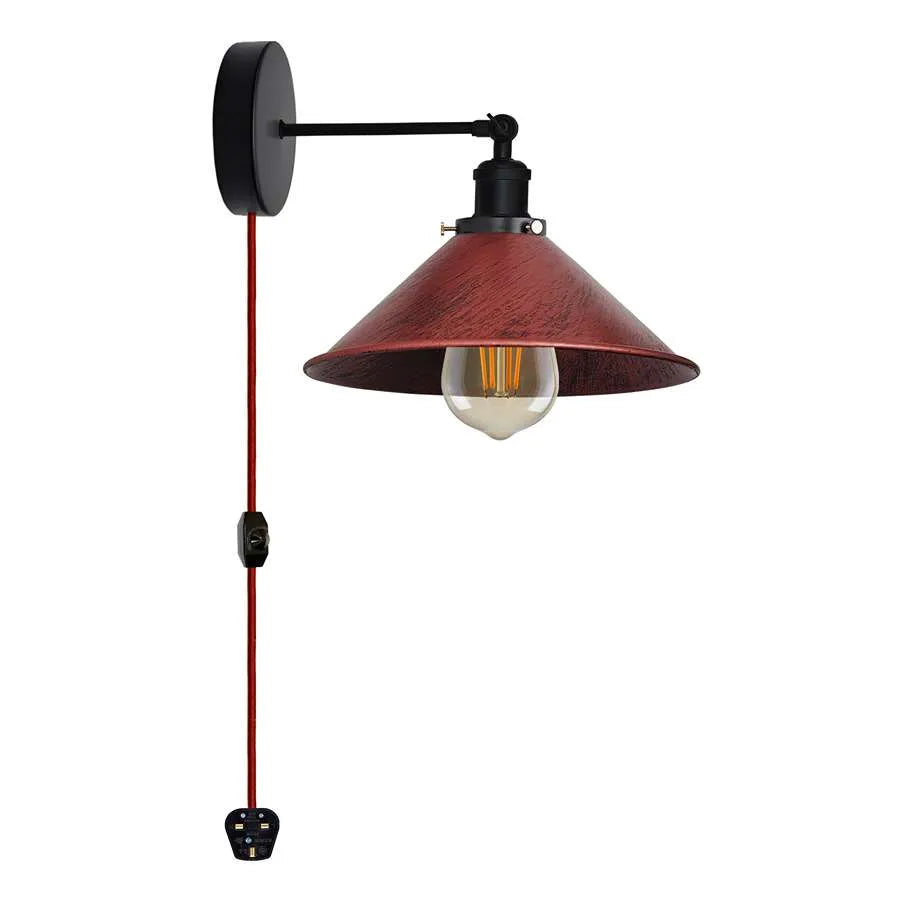Rustric red plug in wall light with Cone shade
