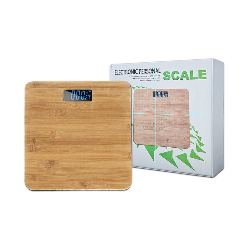 A person standing on a square digital weighing scale with a printed top.