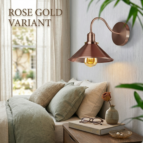 Industrial Swan Neck Wall Sconce Fixed Arm E27 Professional Metal~1196 – Rose Gold / With Bulb