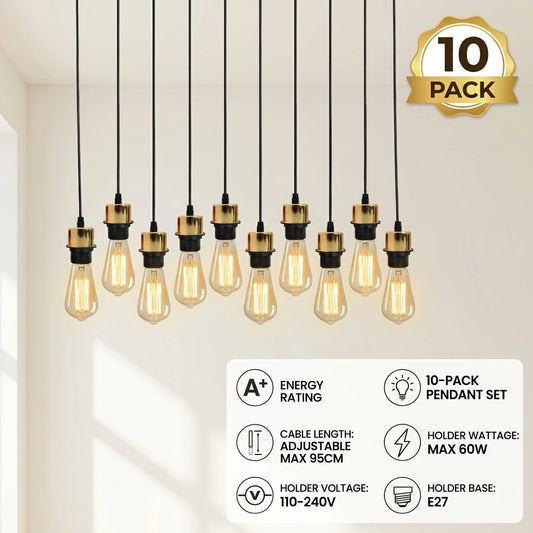 A 10-pack of industrial-style pendant light bulbs with black cords and brass-colored sockets, shown hanging against a white wall. A gold '10 PACK' badge appears in the top right, and a white technical specification panel is shown at the bottom right.