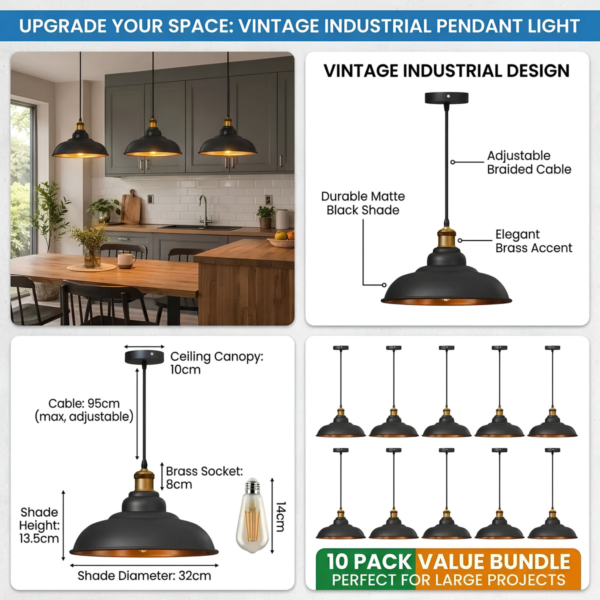 Promotional graphic for a vintage industrial pendant light set, showing a kitchen installation scene, detailed product labels, dimensions, and a 10-pack bundle offer on a blue header background.