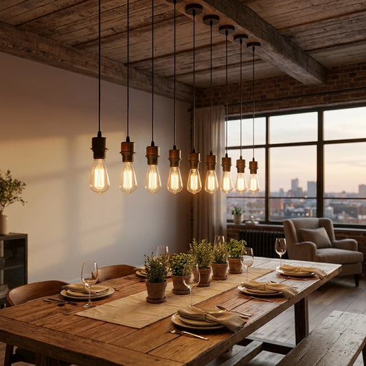 Dining room with wooden table, pendant lights, and city view