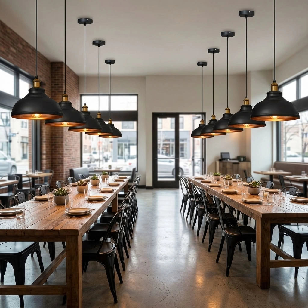 A long dining room with two large wooden tables set for dining, black chairs, and multiple black pendant lights hanging at regular intervals from the ceiling.