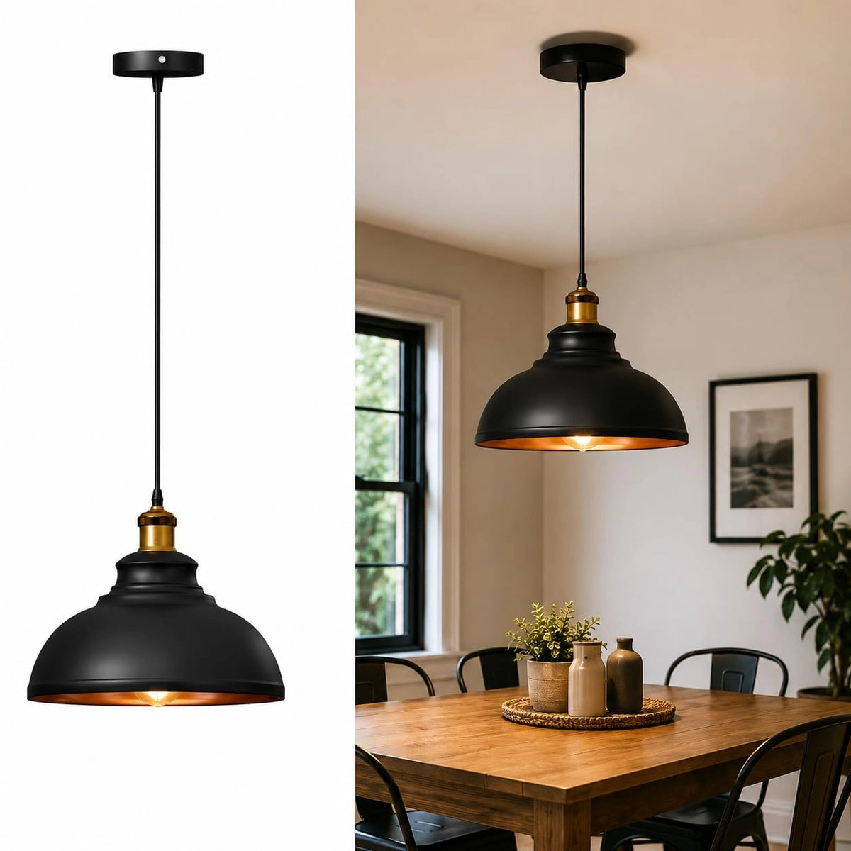 A black pendant light with a warm brass/gold-toned neck and a black dome shade with a gold interior, shown both as a standalone product on a white background and hanging over a wooden dining table in a real room.