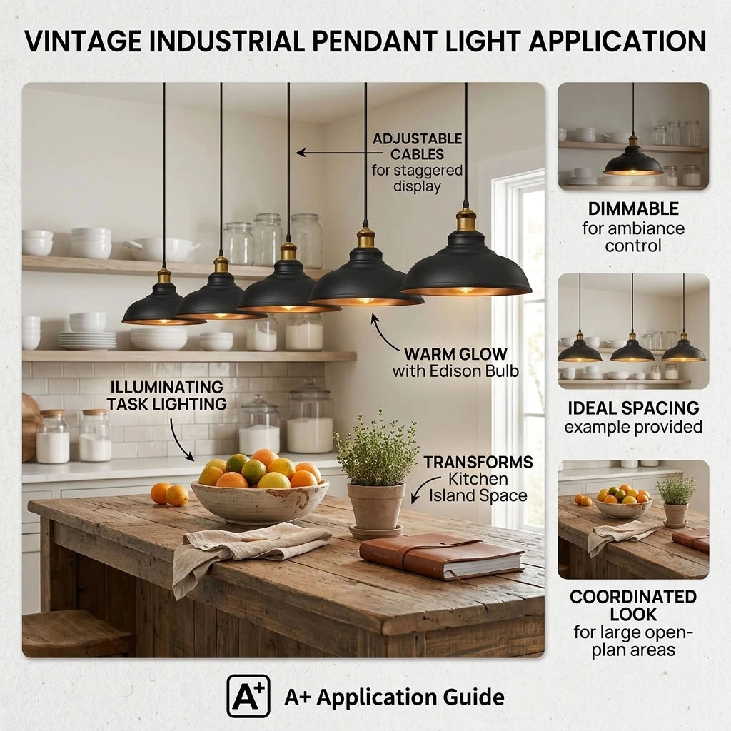 Promotional application graphic for a vintage industrial pendant light fixture set in a kitchen setting, with text callouts describing adjustable cables, dimmable control, warm Edison glow, task lighting, and ideal kitchen island spacing.