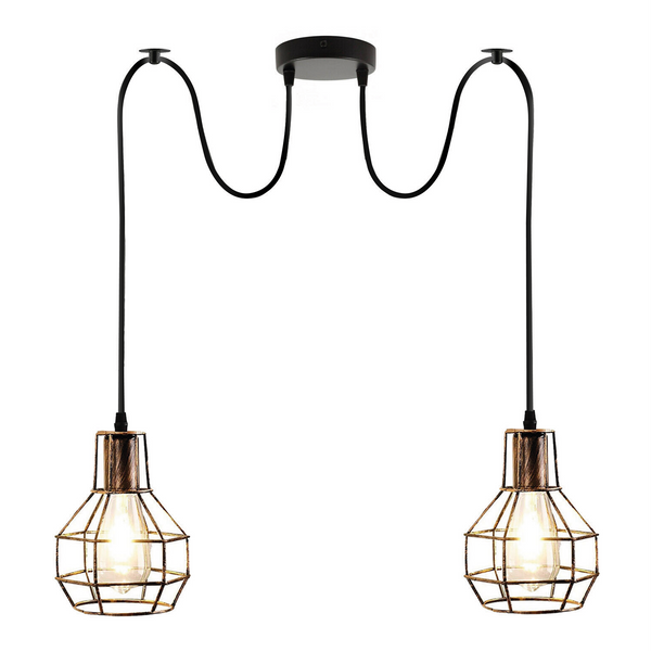 Lámpara colgante de araña plateada de 2 luces para interiores con diseño de jaula ~3489 – Cobre cepillado / Con bombilla