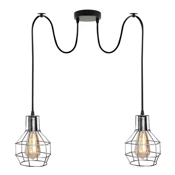 Lámpara colgante de araña plateada de 2 luces para interiores con diseño de jaula ~3489 – Plata cepillada / Con bombilla