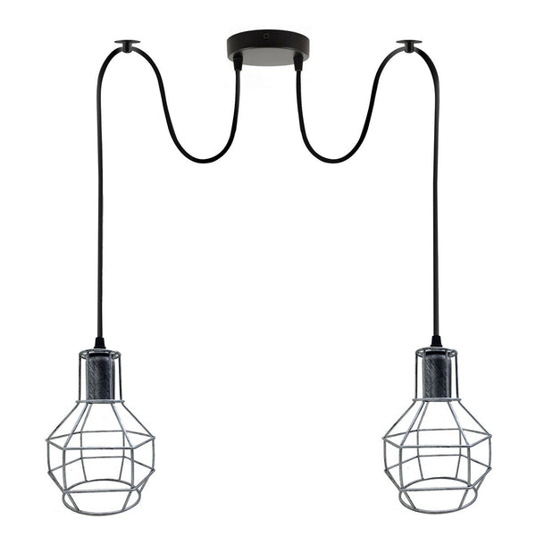 Lámpara colgante de araña plateada de 2 luces para interiores con diseño de jaula ~3489 – Plata cepillada / Sin bombilla