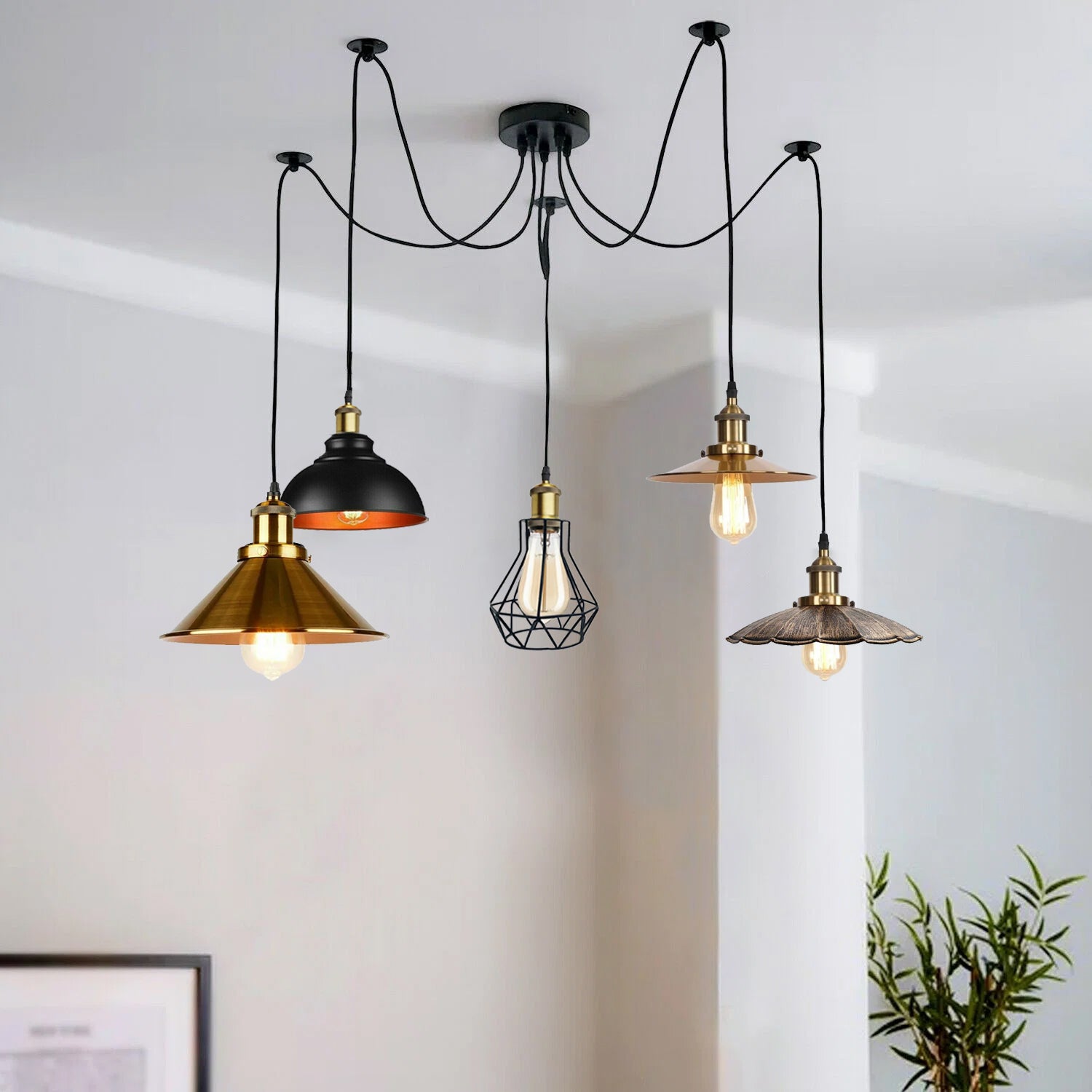 Multi Shade 2m Pendant Light Cage Retro Indusral Ceiling Spider Lamp –  LEDSone UK Ltd