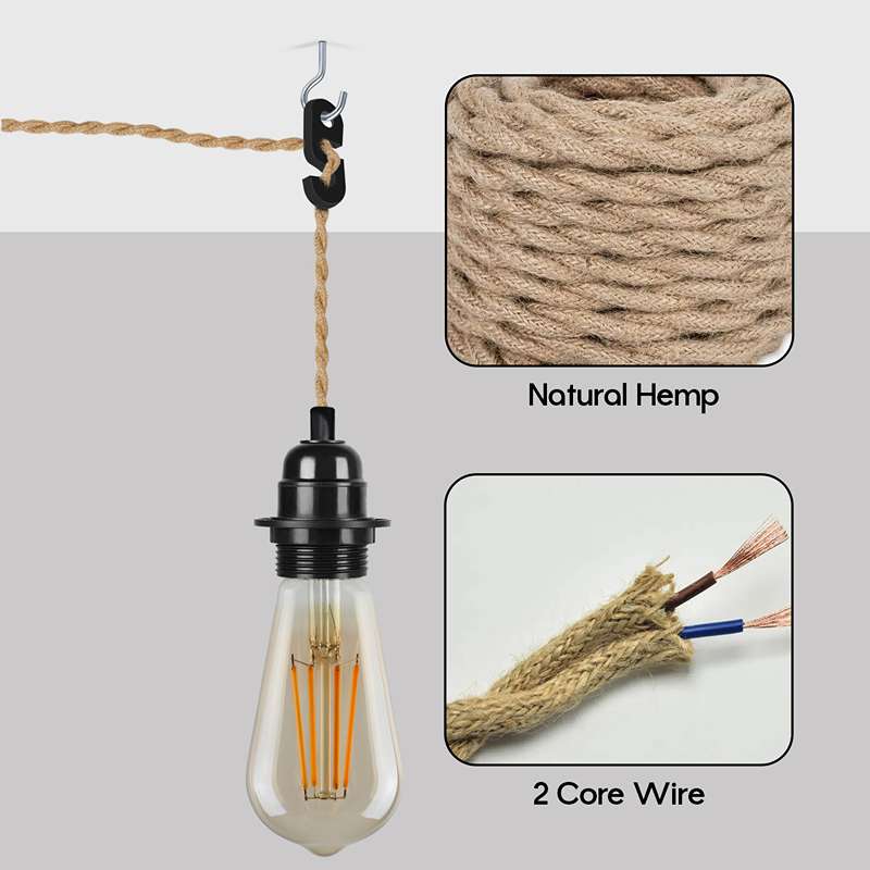 Industrial Hanging Adjustable Hemp Rope ON/OFF Switch UK Plug Pendant Light-Detail