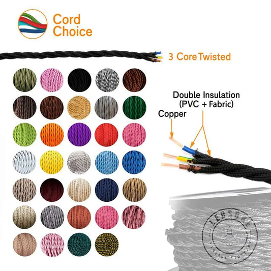 3 Core Twisted Vintage Fabric Flex Braided Electric Cable