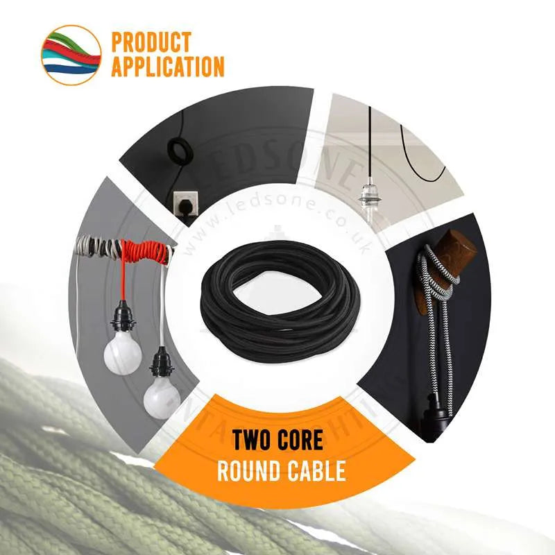 10m 2core Round Vintage Braided Fabric Black Colour Cable Flex 0.75mm~4691