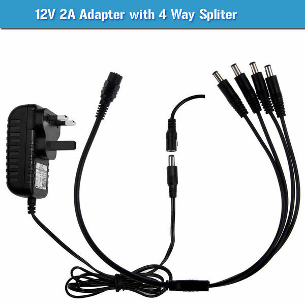12V 2A CCTV Power Adapter with 1 |2|4|6|8 Universal AC to DC Replacement ~2365 – 12V 2A  Adapter + 4 Way Splitter Cable