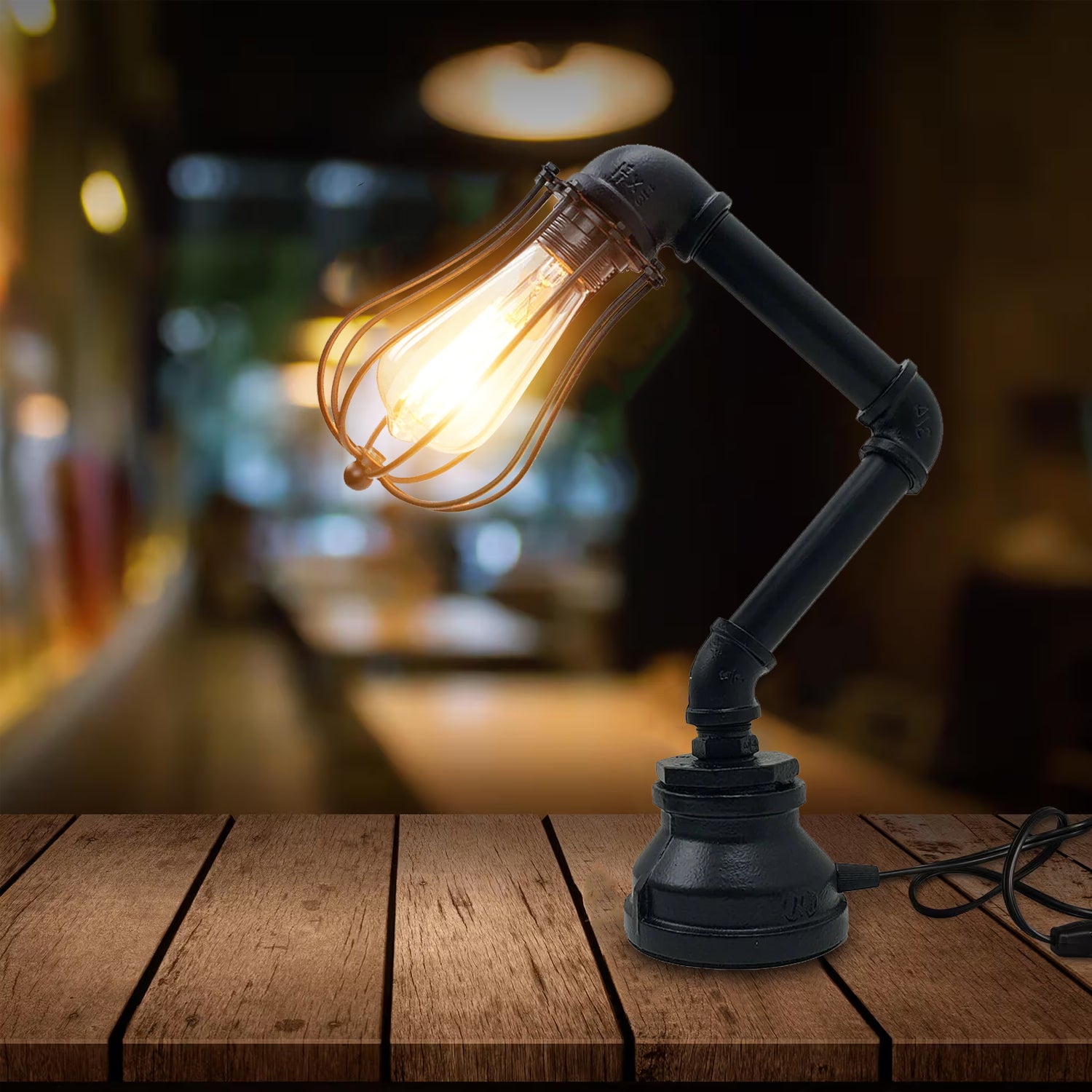 Black Water Pipe Table Lamp Plug in Light