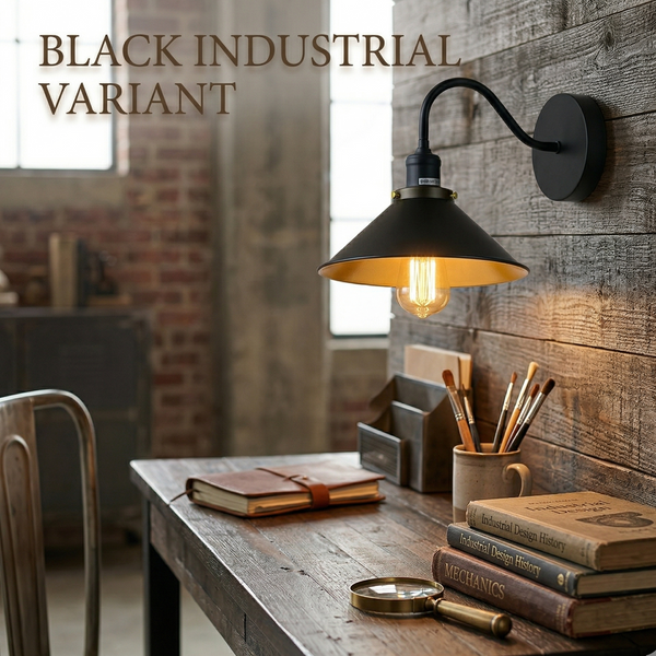 Industrial Swan Neck Wall Sconce Fixed Arm E27 Professional Metal~1196 – Black / With Bulb
