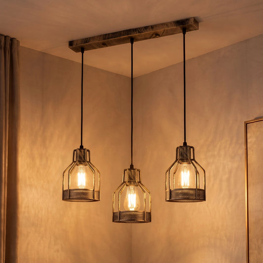 Industrial 3-Light Linear Pendant E27 Metal Mesh Cage ~1418