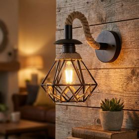 13cm Diamond Cage Wall Light | Black Rope Sconce Industrial Retro ~6489