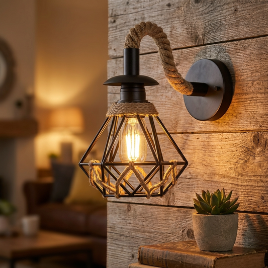 13 cm Diamond Cage Wall Light  Hemp Rope Sconce