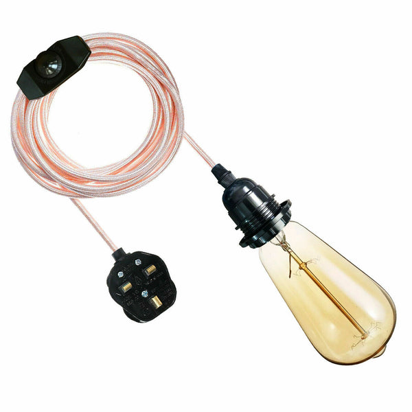 Lámpara colgante con enchufe, cable flexible de tela de 4 m, color oro rosa (Reino Unido), portalámparas E27 + interruptor ~3753 – Oro rosa