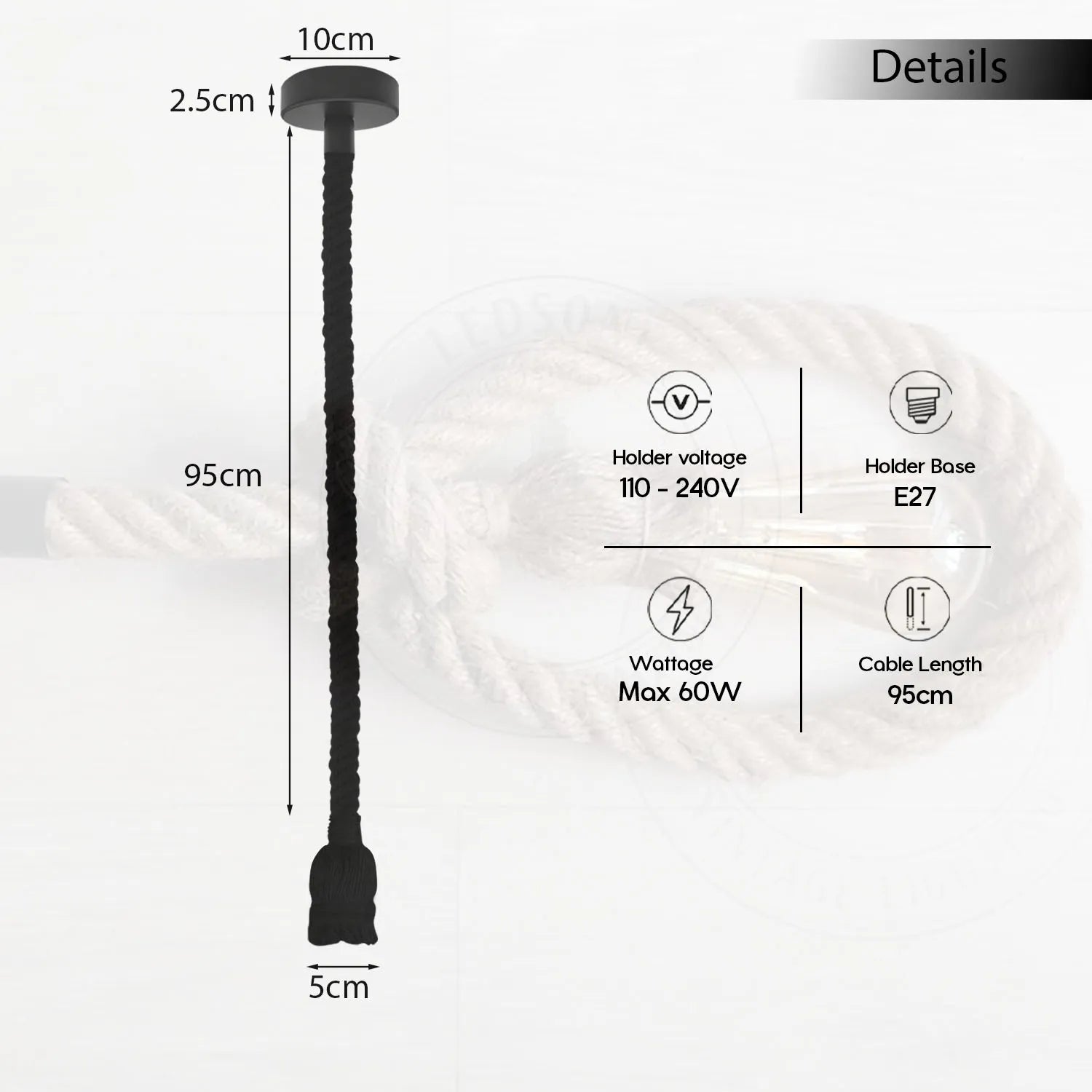 Ceiling Pendant Light 1m Black Colour Hemp Rope,E27 Suspension Lamp Holder ~4266