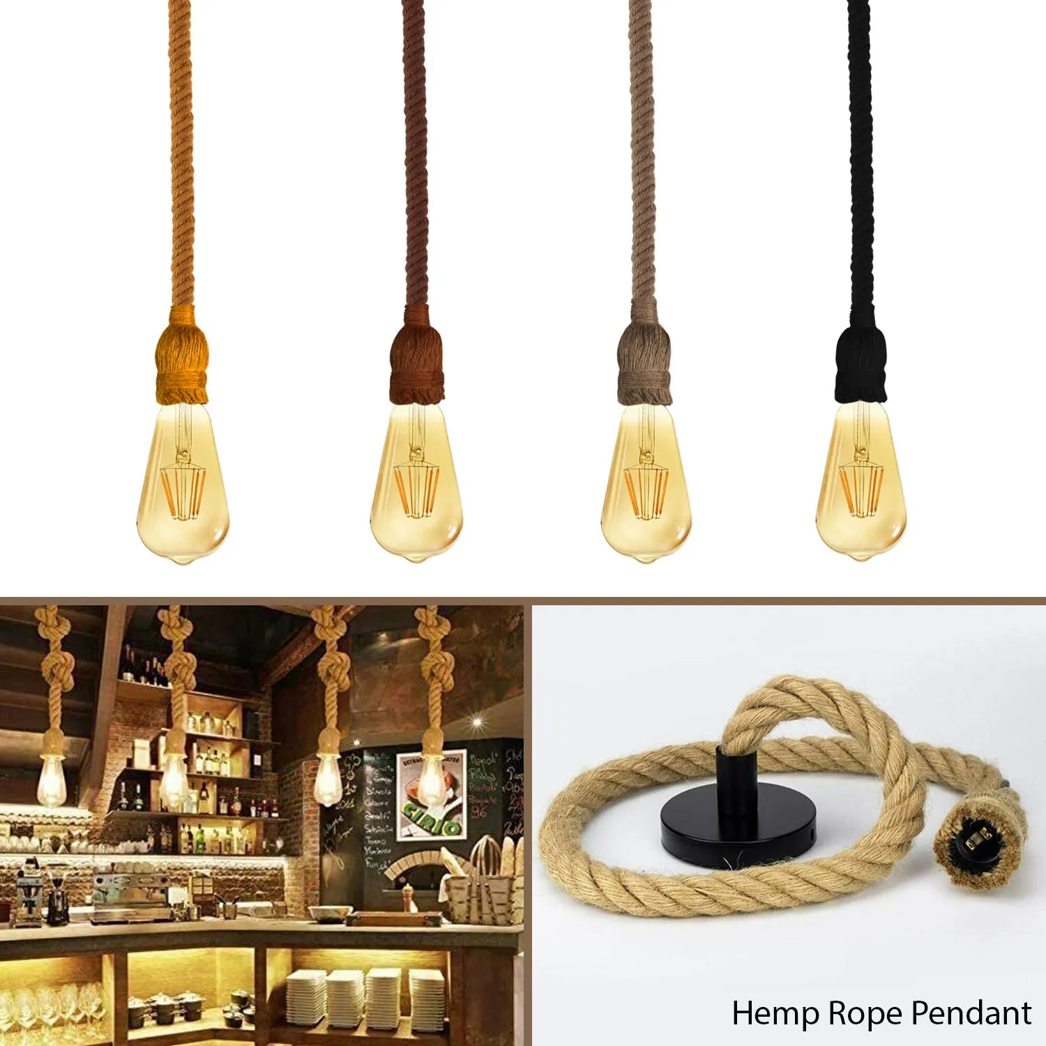 Vintage Ceiling Hemp Rope Pendant Light Hanging Lamp Light