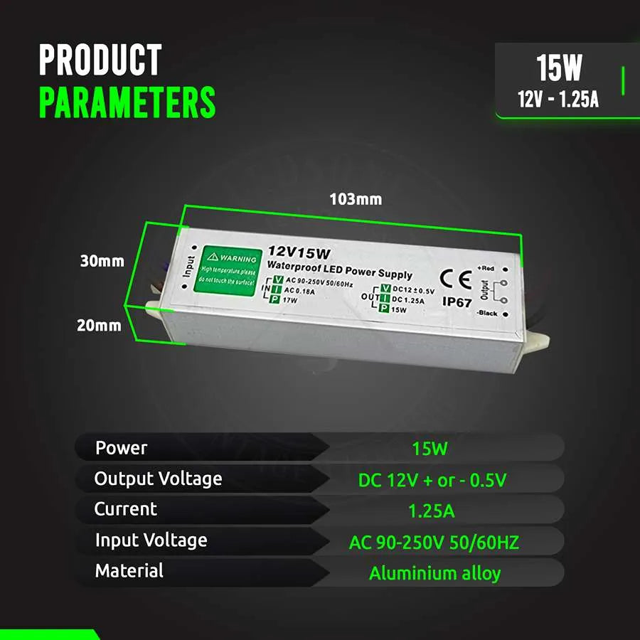 LED Driver DC 12V waterproof IP67 15w Constant Voltage Power Supply-Product Parameters