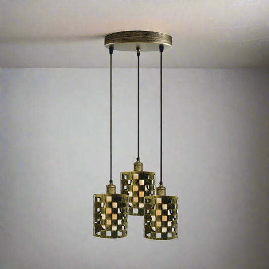 Industrial Vintage Retro light 3 way Brushed Brass cage pendant Round ceiling e27 base~3941