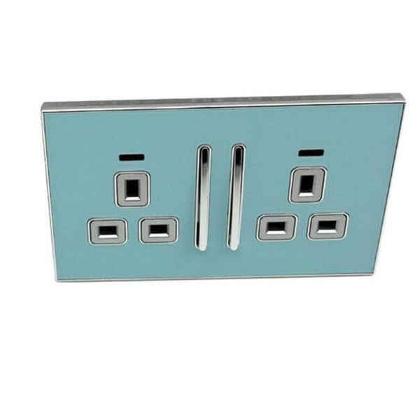 Blue Glossy 13A Plug Socket Satin Gold Insert Screwless UK~2307 – 2 Gang