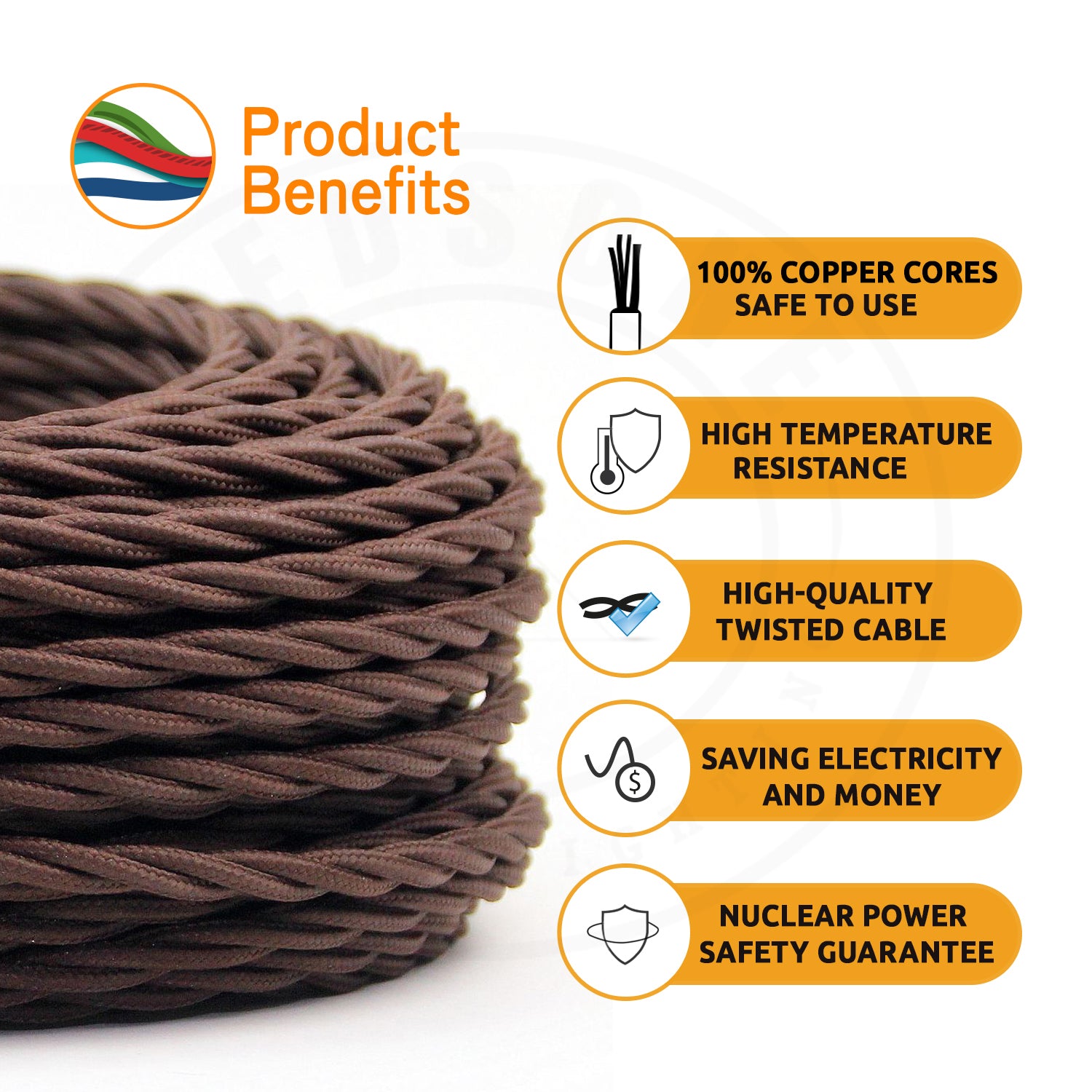 10m 3Core Twisted Electric Cable Covered Light Brown Color Fabric Flex 0.75mm~4834