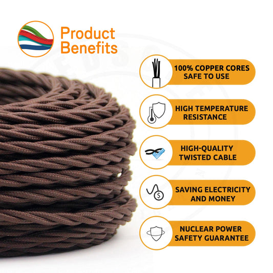10m 3 Core Twisted Electric Cable Covered Hemp Color Fabric 0.75mm~4832