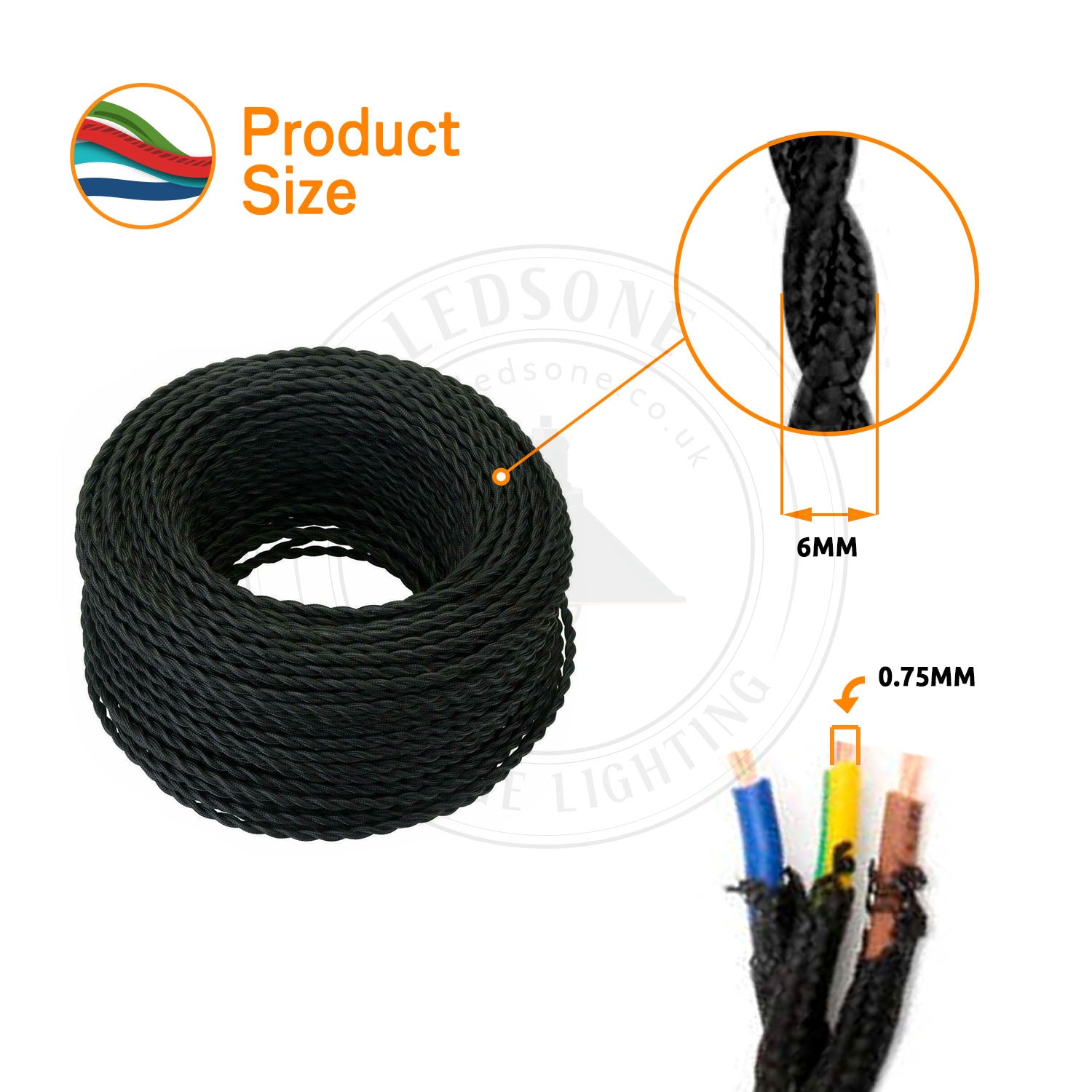 10m 3 Core Twisted Yellow and Black Twisted Multi Vintage Electric fabric Cable Flex 0.75mm~4860