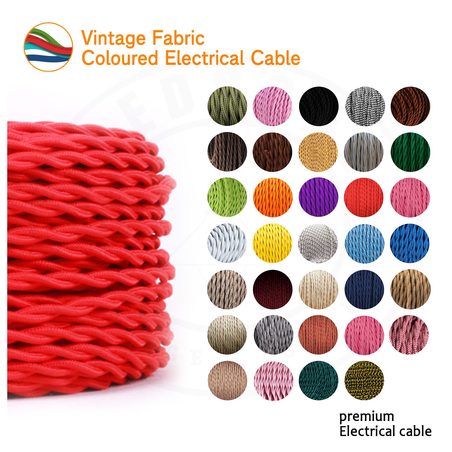 3 Core Twisted Red Vintage Electric Fabric Cable Flex 0.75mm~3195