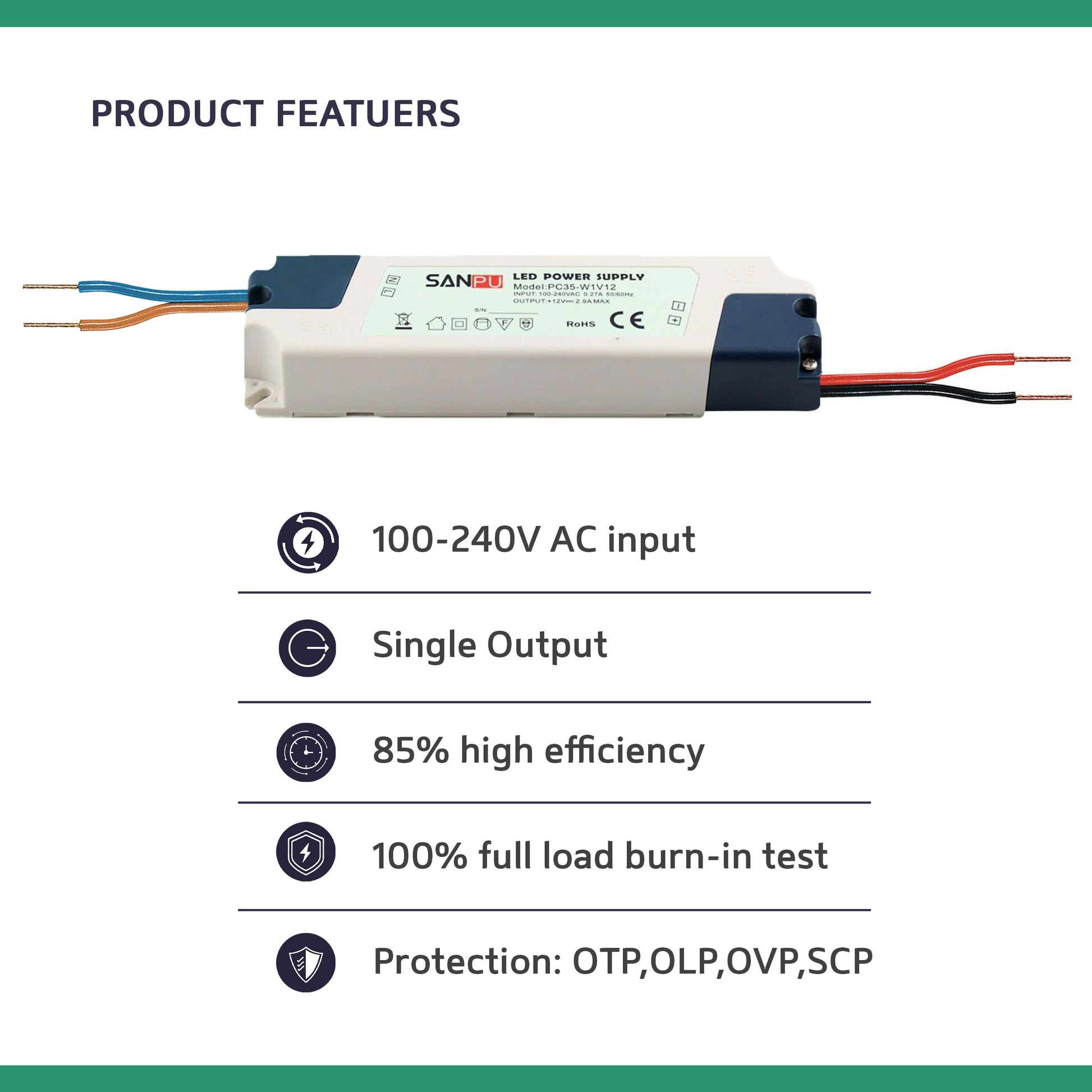 LED power supply with features listed on a white background