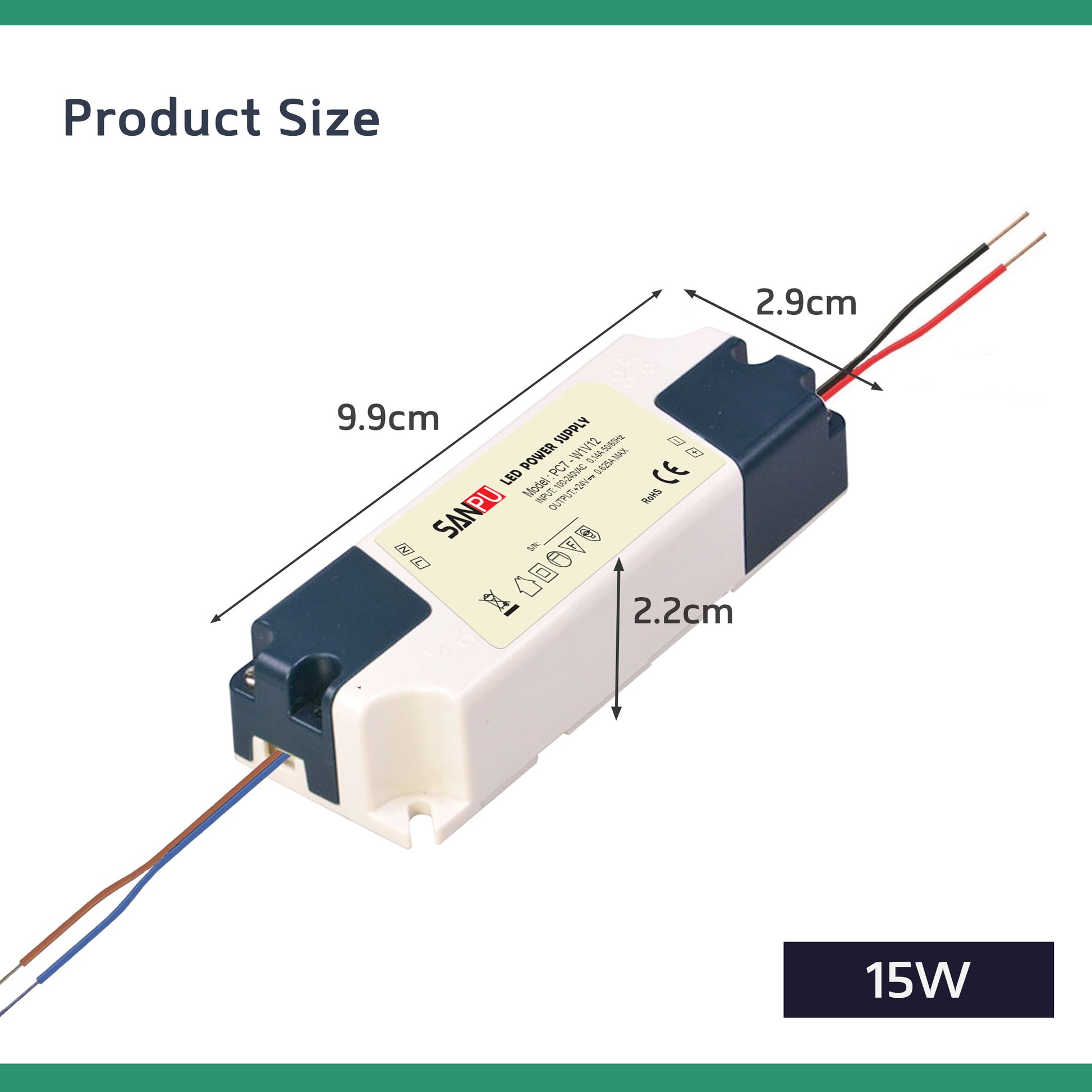 LED power supply with dimensions labeled on a white background