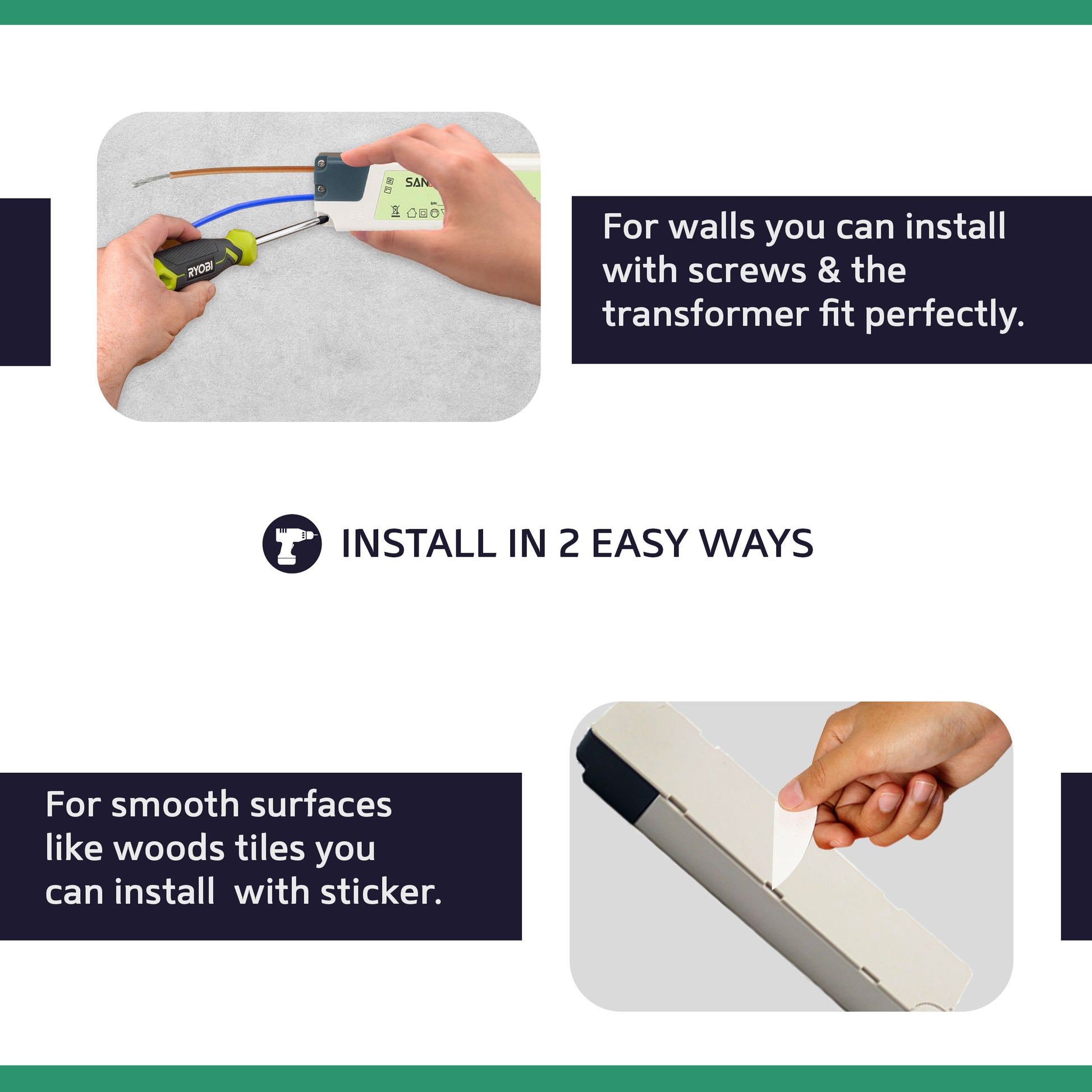Instructions for installing a product with screws and a sticker on different surfaces.