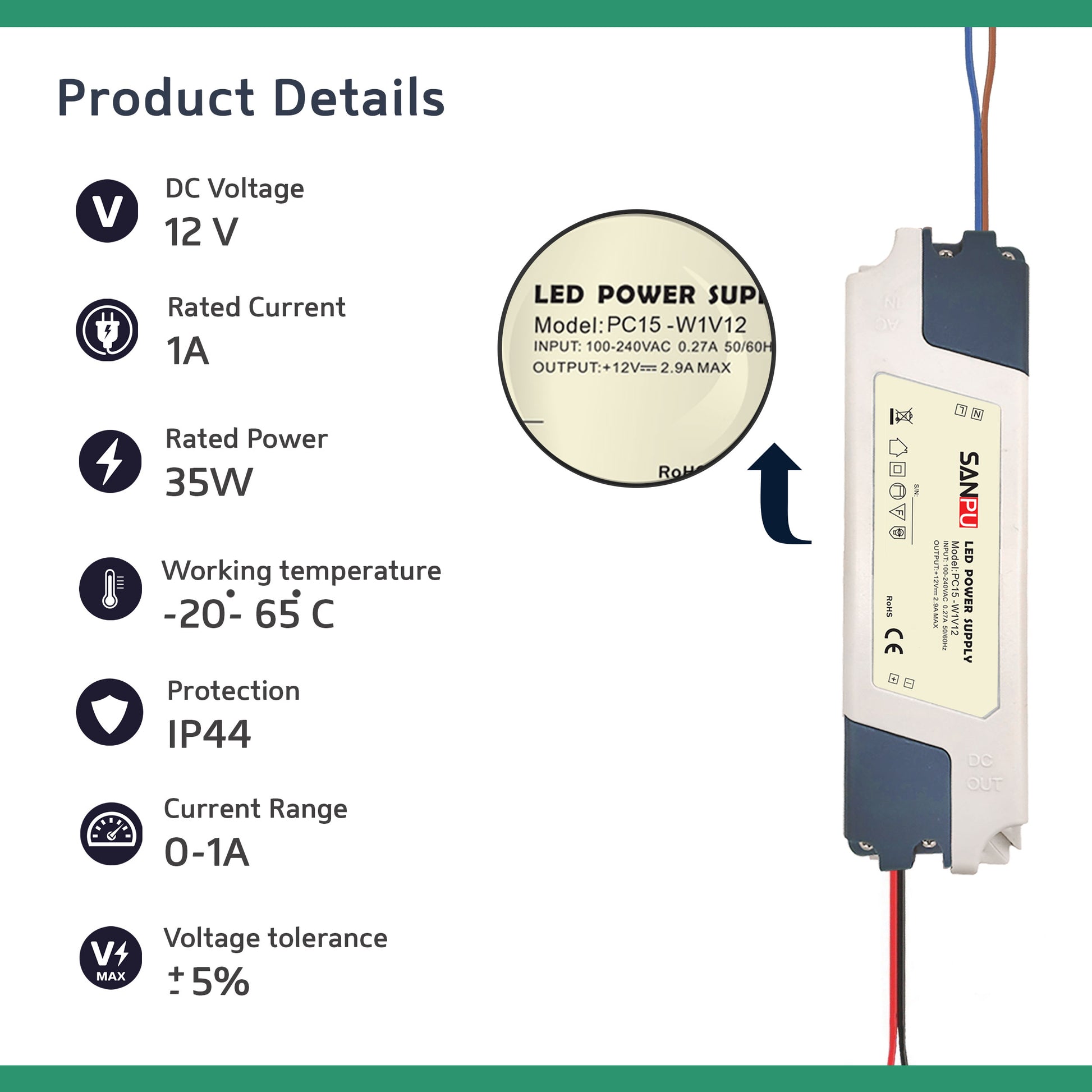 LED power supply with specifications on a white background